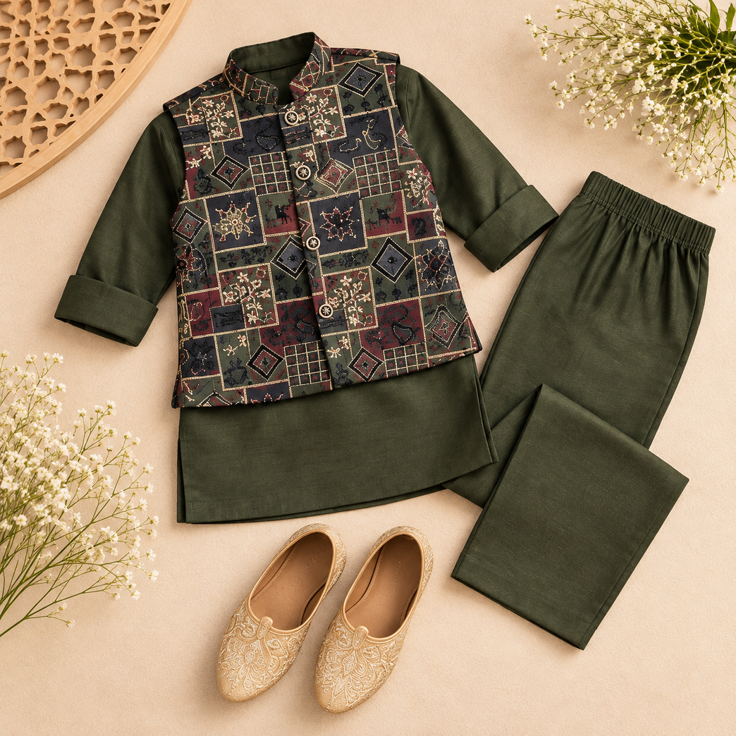 Boys Full Sleeves Solid Kurta Pyjama Set with Embroidered Printed Jacket - Olive