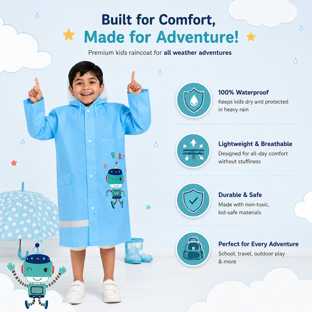 Kids Waterproof PVC Hooded Raincoat with Cute Robot Print | Lightweight Full-Sleeve Rain Wear for Boys & Girls
