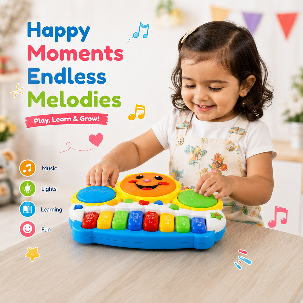 Kids Musical Drum Keyboard Piano Toy – Electronic Drum & Organ Keyboard with Lights, Sounds and Learning Activities