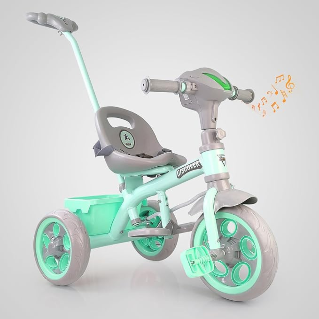 Dash Discover Kids Tricycle Storage Basket Music Light Safety Belt Adjustable Height With Parental Handle