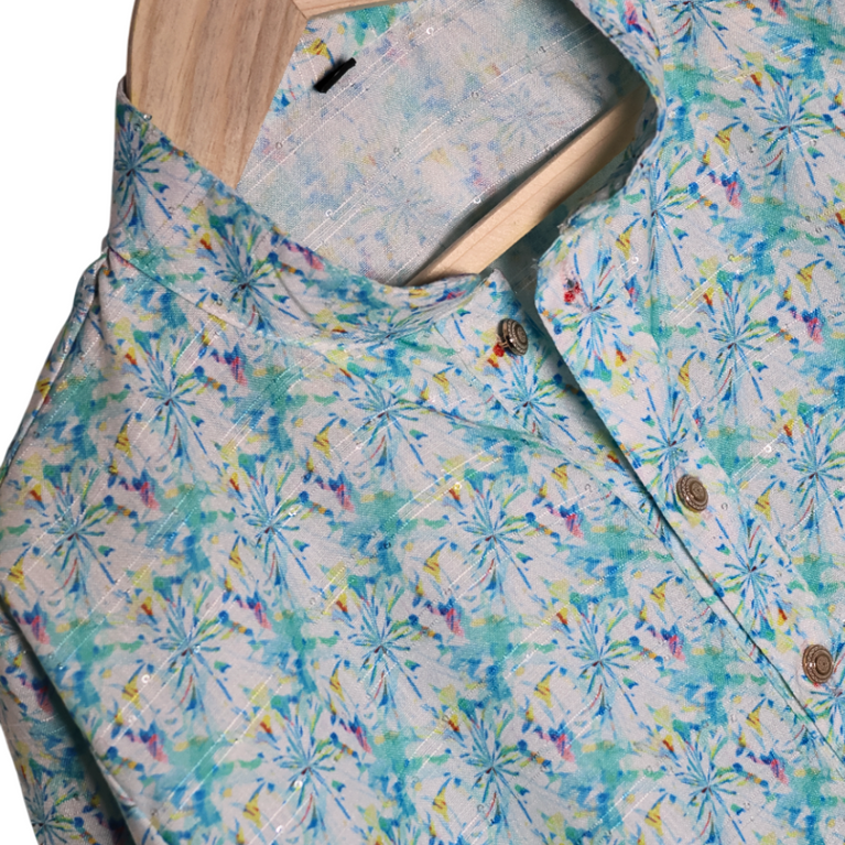 NINOS Boys Light Aqua Blue Abstract Print Kurta Pajama Set with Sequins – Festive & Casual Ethnic Wear