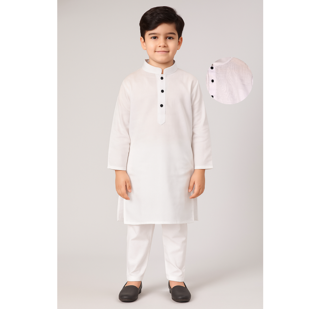 Colors Junior- Mandarin Collar Plain White Full Sleeves Regular Kurta Pajama Set