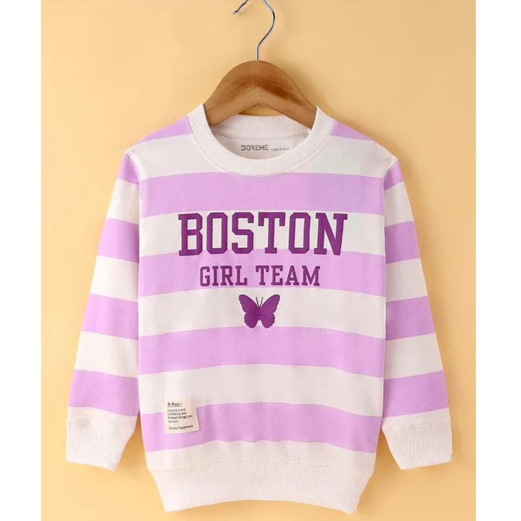 Doreme - Terry Knit Full Sleeves Sweatshirt with Stripes & Text Print