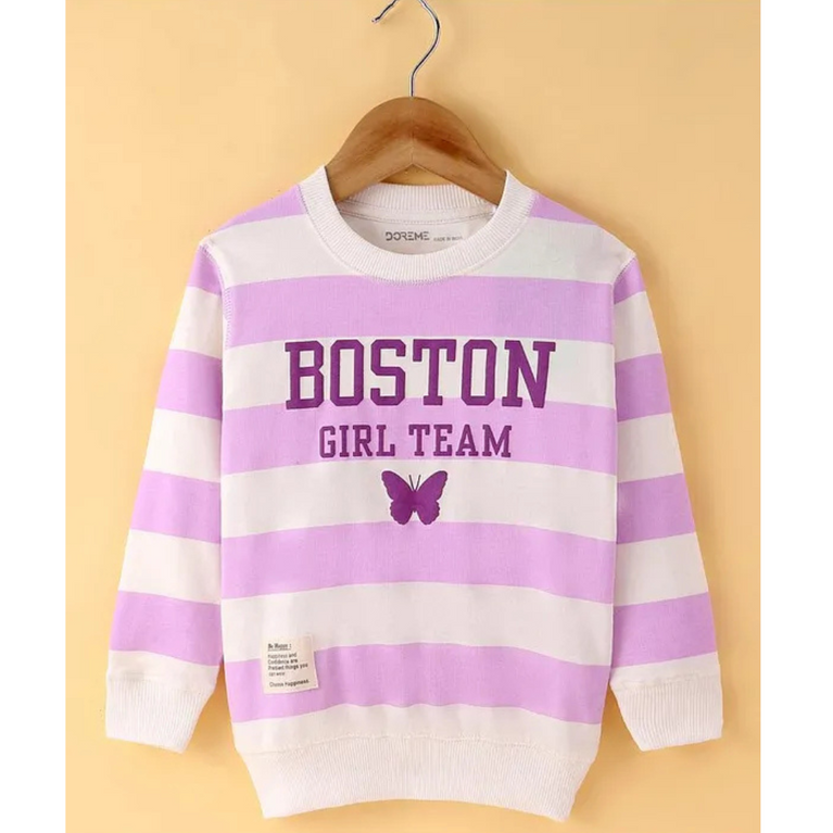 Doreme - Terry Knit Full Sleeves Sweatshirt with Stripes & Text Print