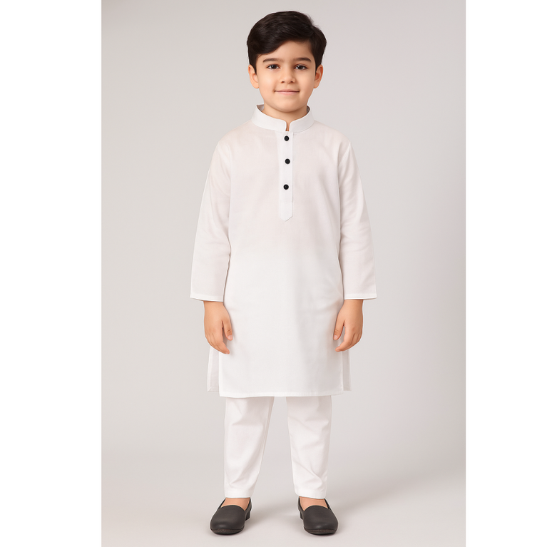 Colors Junior- Mandarin Collar Plain White Full Sleeves Regular Kurta Pajama Set