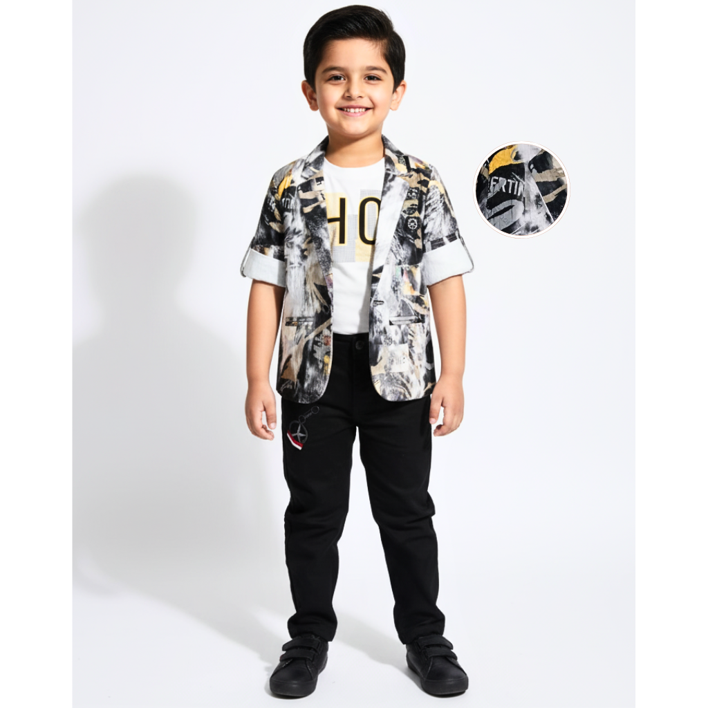 Boys' Abstract Print Blazer with Black Pants Set