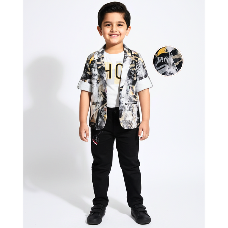 Boys' Abstract Print Blazer with Black Pants Set