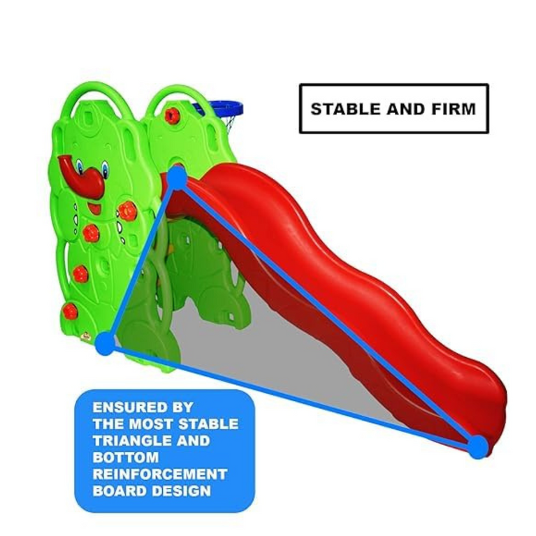 Ninos Kids Elephant Slide with Basketball Ring, Indoor/Outdoor Playground Equipment, Green and Red, Ages 2-8 Years