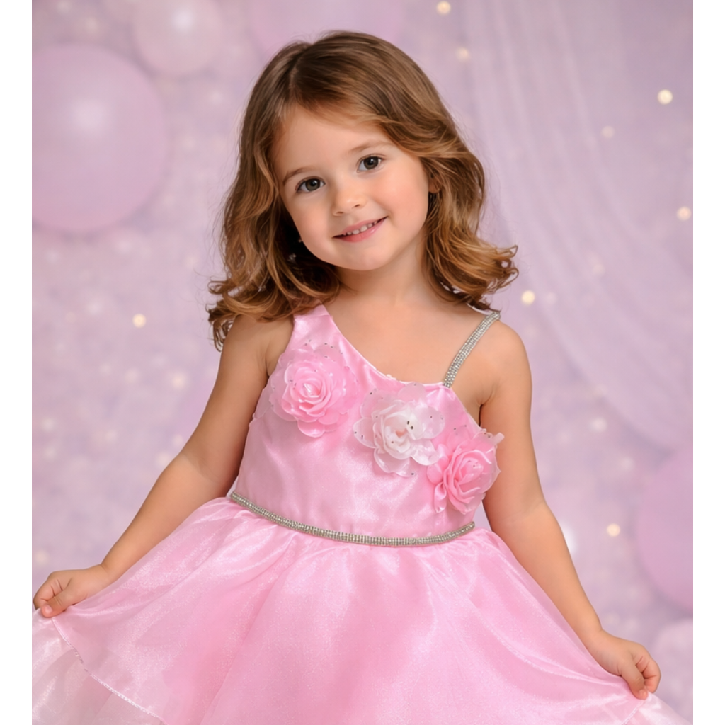Toddler Girls’ Enchanted Blue Floral Party Dress – Layered Organza Princess Gown with Rosette Bodice and Sparkle Trim