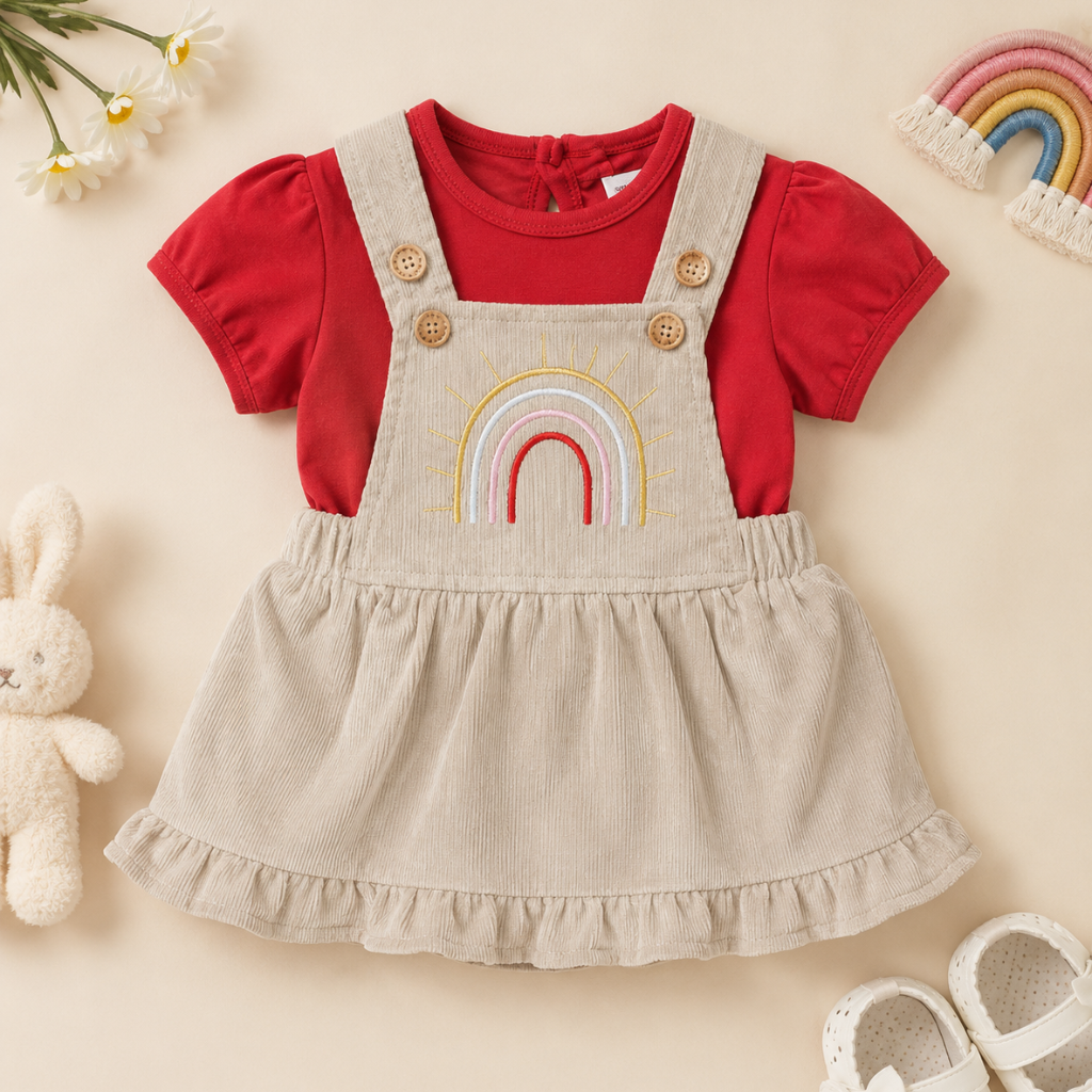 Kids Summer Top Skirt Set with Rainbow Print Dungaree Dress