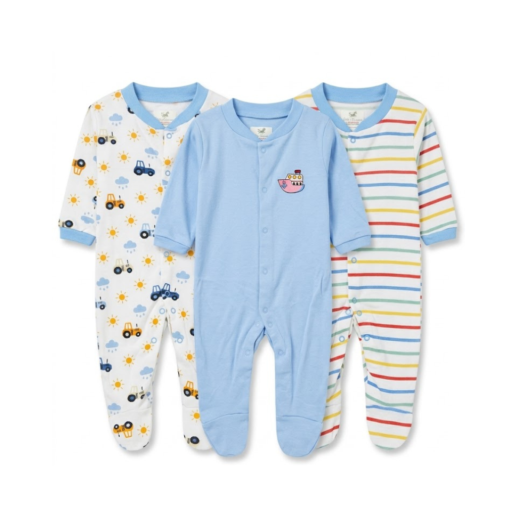 Ninos Worlds Interlock Knit Full Sleeves Footed Sleep Suits With Print & Patch Pack of 3 - Multicolor