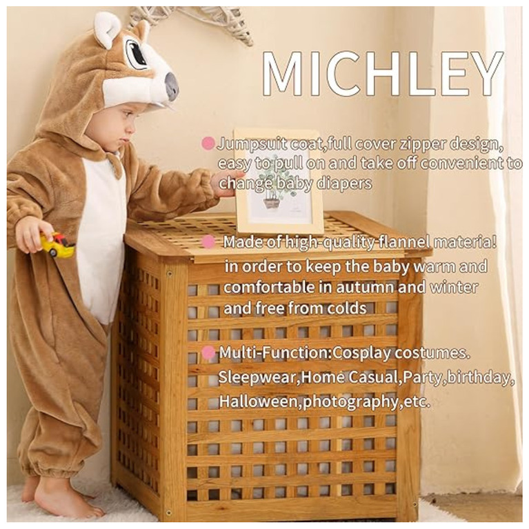 Michley- Unisex Baby Winter Hooded Romper Flannel Squarell Style Stitch Animal Long Sleeves Zip Cosplay Dress