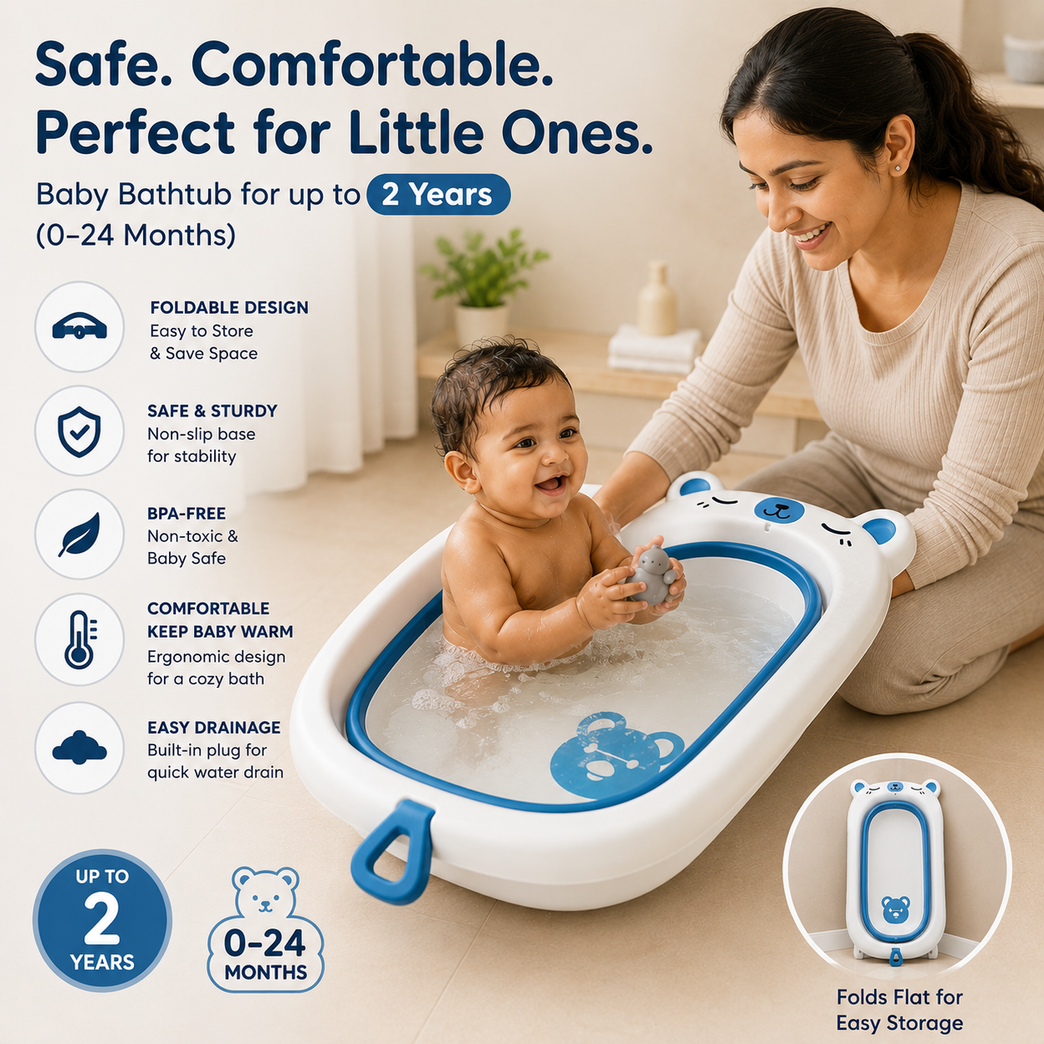 Premium Foldable Baby Bath Tub for Newborns & Toddlers (0–24 Months) | Portable Non-Toxic Infant Bathing Tub with Drain Plug & Anti-Slip Support | Easy Fold Travel Baby Bathtub