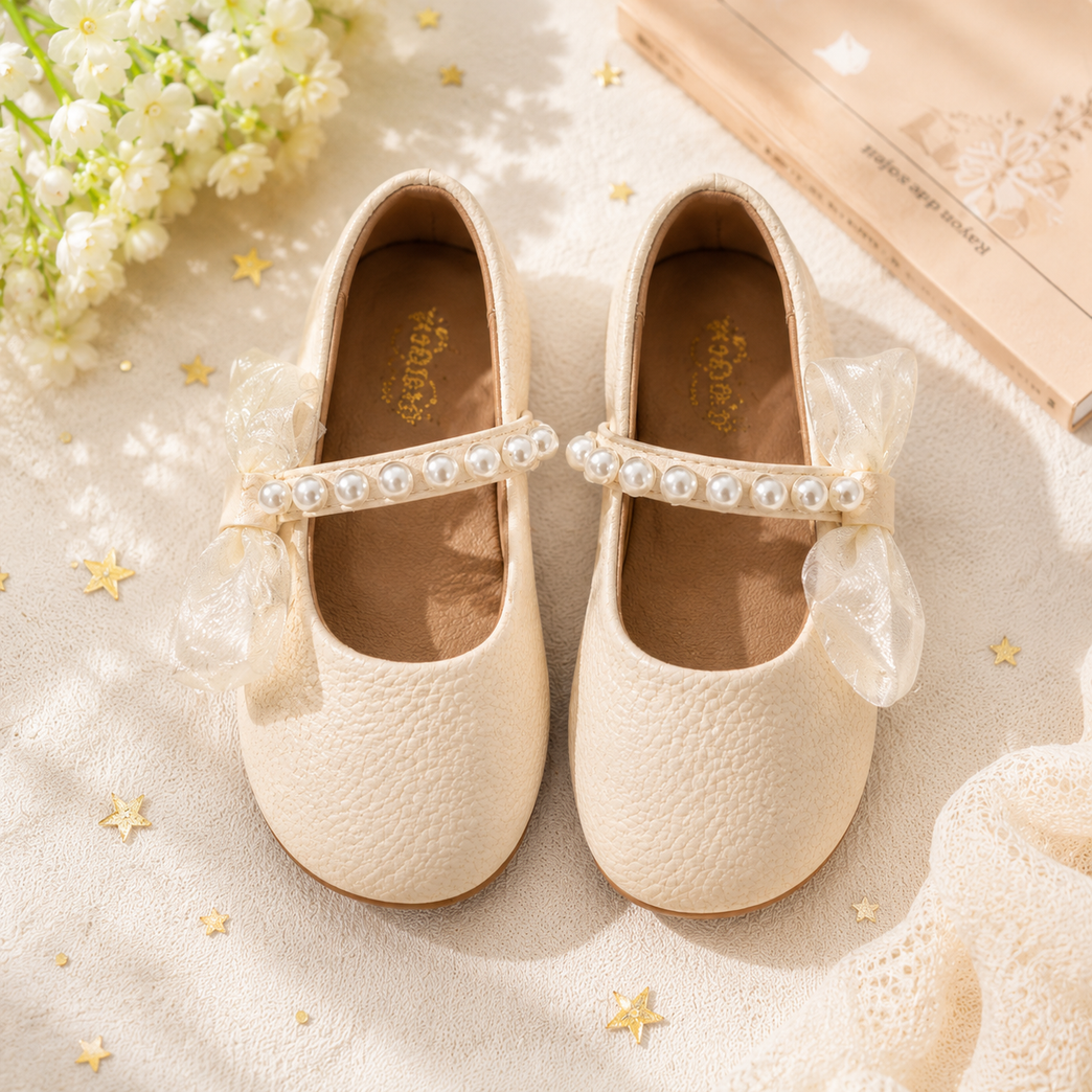 Girls' Cream Pearl Mary Jane Party Shoes with Organza Bow | Elegant Dress Shoes
