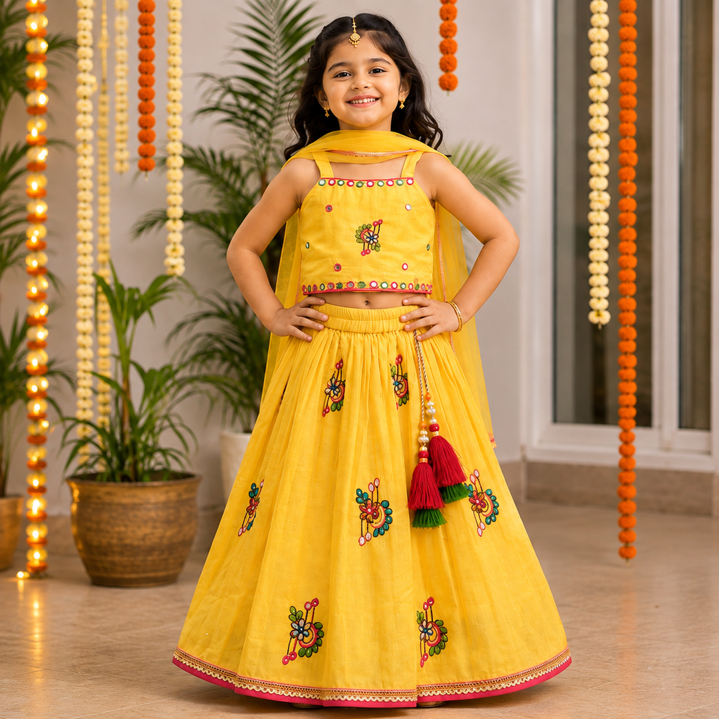Yellow Embroidered Lehenga Choli with Dupatta | Kids Ethnic Wear