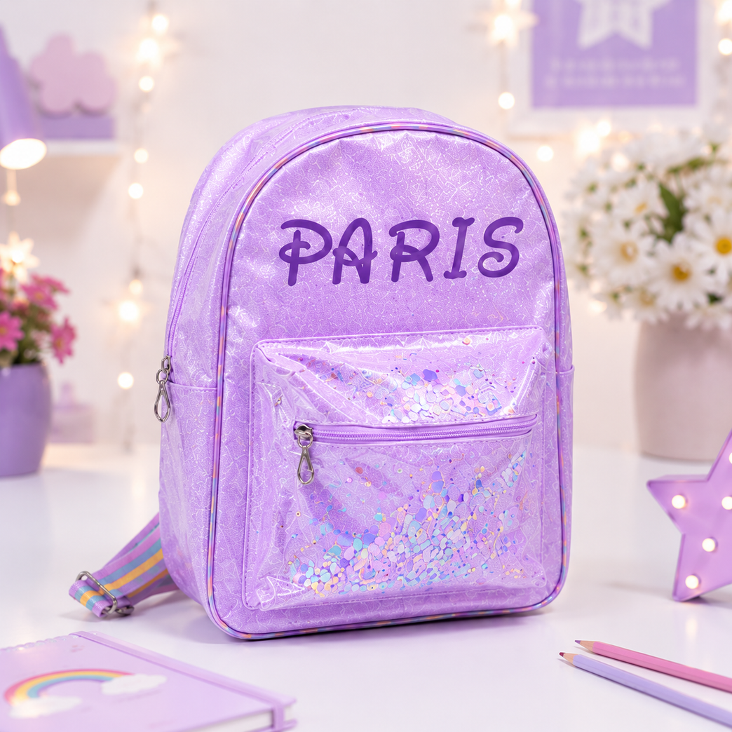 Girls Glitter Transparent Backpack with Sequin Pocket & Rainbow Adjustable Straps