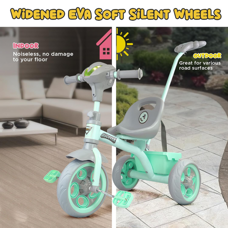 Dash Discover Kids Tricycle Storage Basket Music Light Safety Belt Adjustable Height With Parental Handle