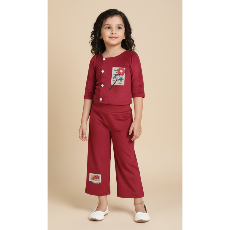 Iris Castle- Girls Maroon Solid Cropped Top with Wide-Leg Palazzo/Culottes Co-ord Set