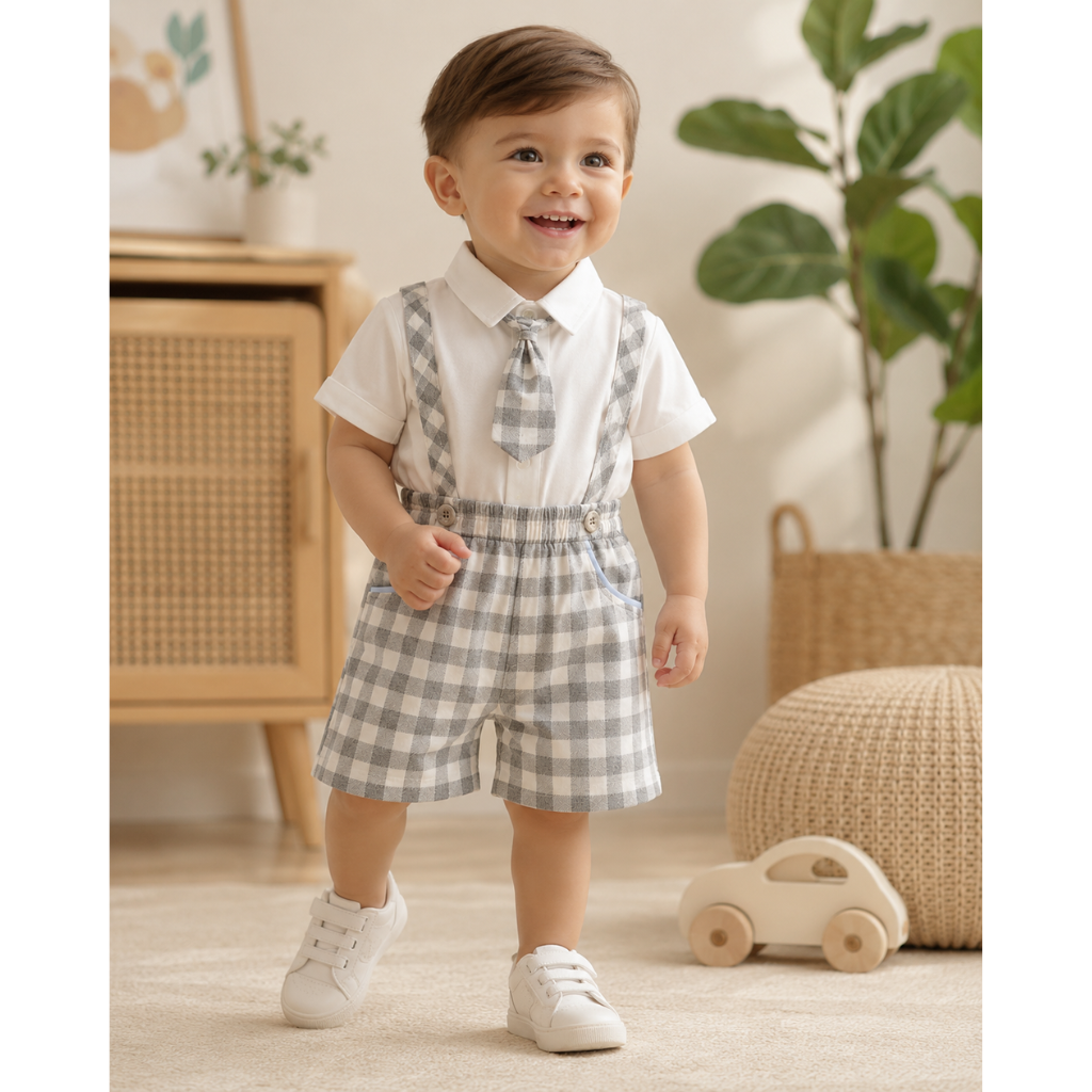 Kids Summer Formal Checks Shirt Shorts Set with Tie