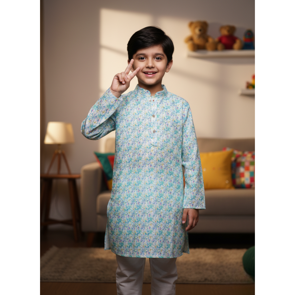 NINOS Boys Light Aqua Blue Abstract Print Kurta Pajama Set with Sequins – Festive & Casual Ethnic Wear