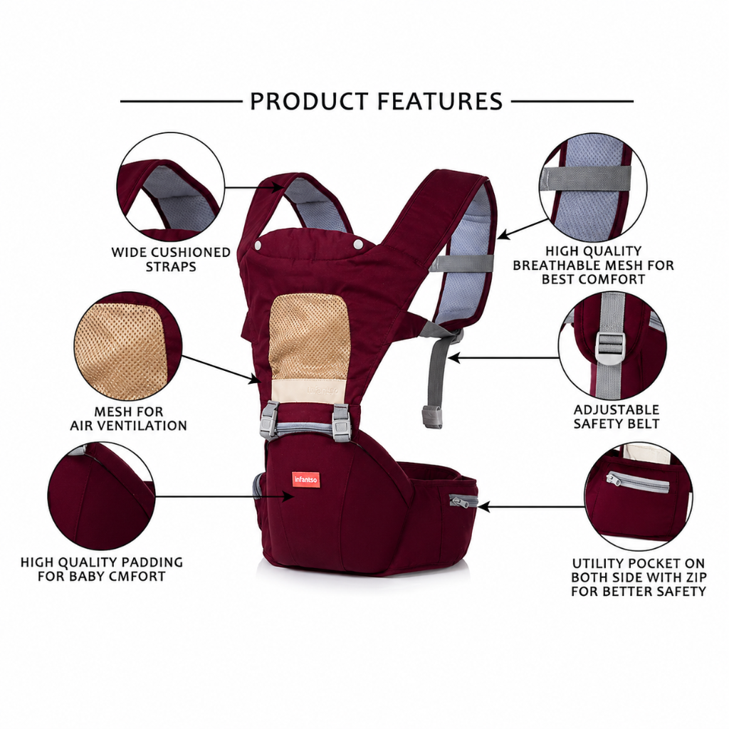 INFANTSO-Little Voyager Hip Seat Baby Carrier - 100% Polyester, 3 Positions (Inward, Outward, Back Carrying), Ergonomic Design for 4-36 Months (3.5-14.9kg), Adjustable Lumbar Belt, Lightweight, Free Size, Hand Washable