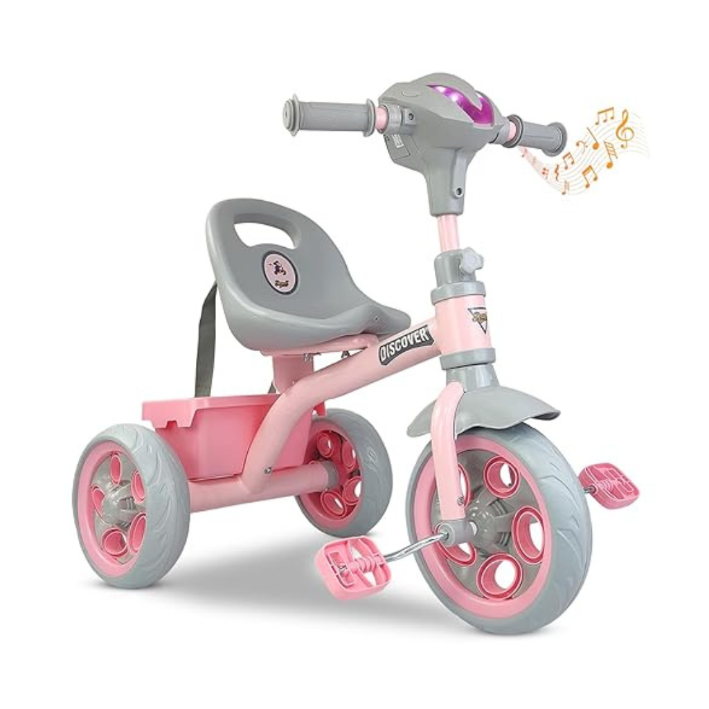 Dash Discover Kids Tricycle with Storage Basket Music Light Safety Belt Adjustable Height