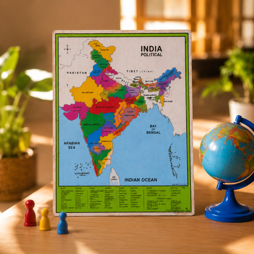 India Political Map Wooden Puzzle Board for Kids | Educational Geography Learning Toy
