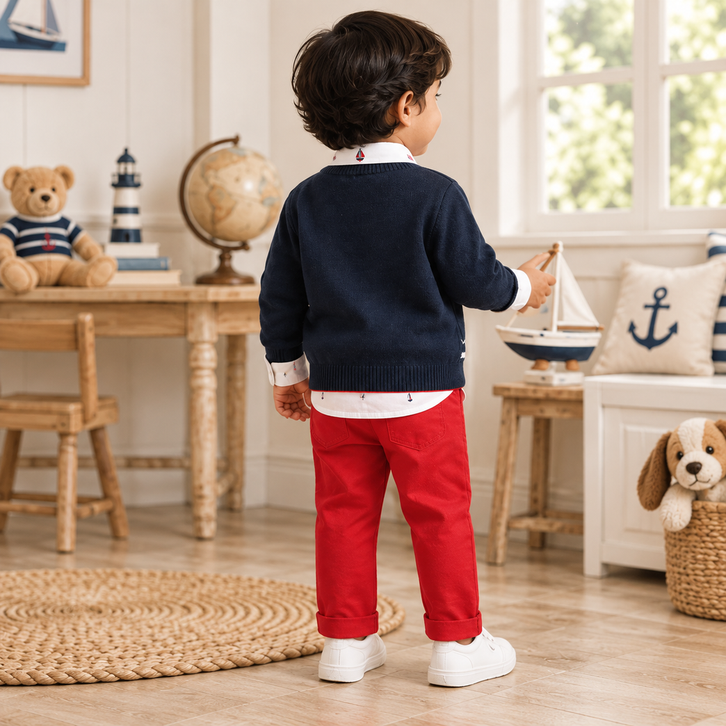 Navy Sailboat Sweater with Red Chinos & Bow Tie Set