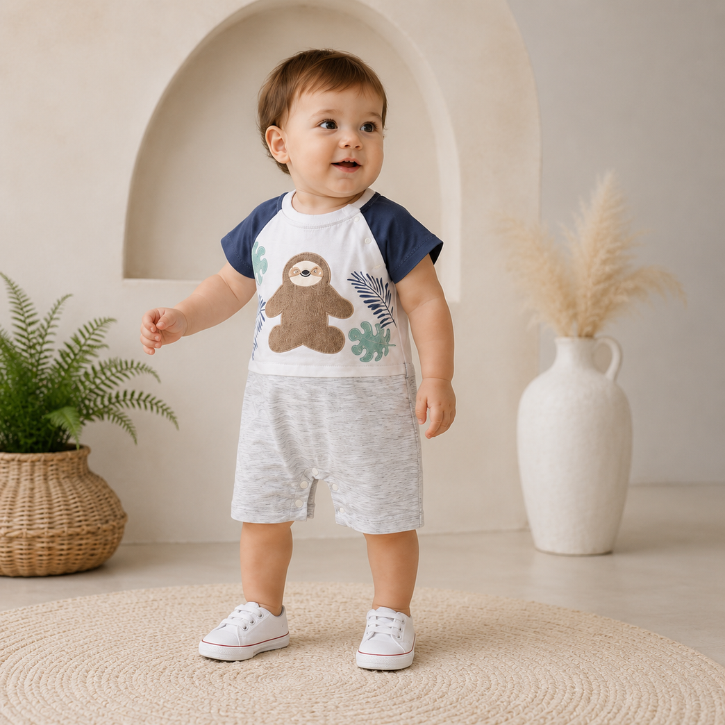 Sloth Print Baby Romper for Boys & Girls | Soft Cotton Summer Onesie with Half Sleeves | Newborn & Infant Casual Wear