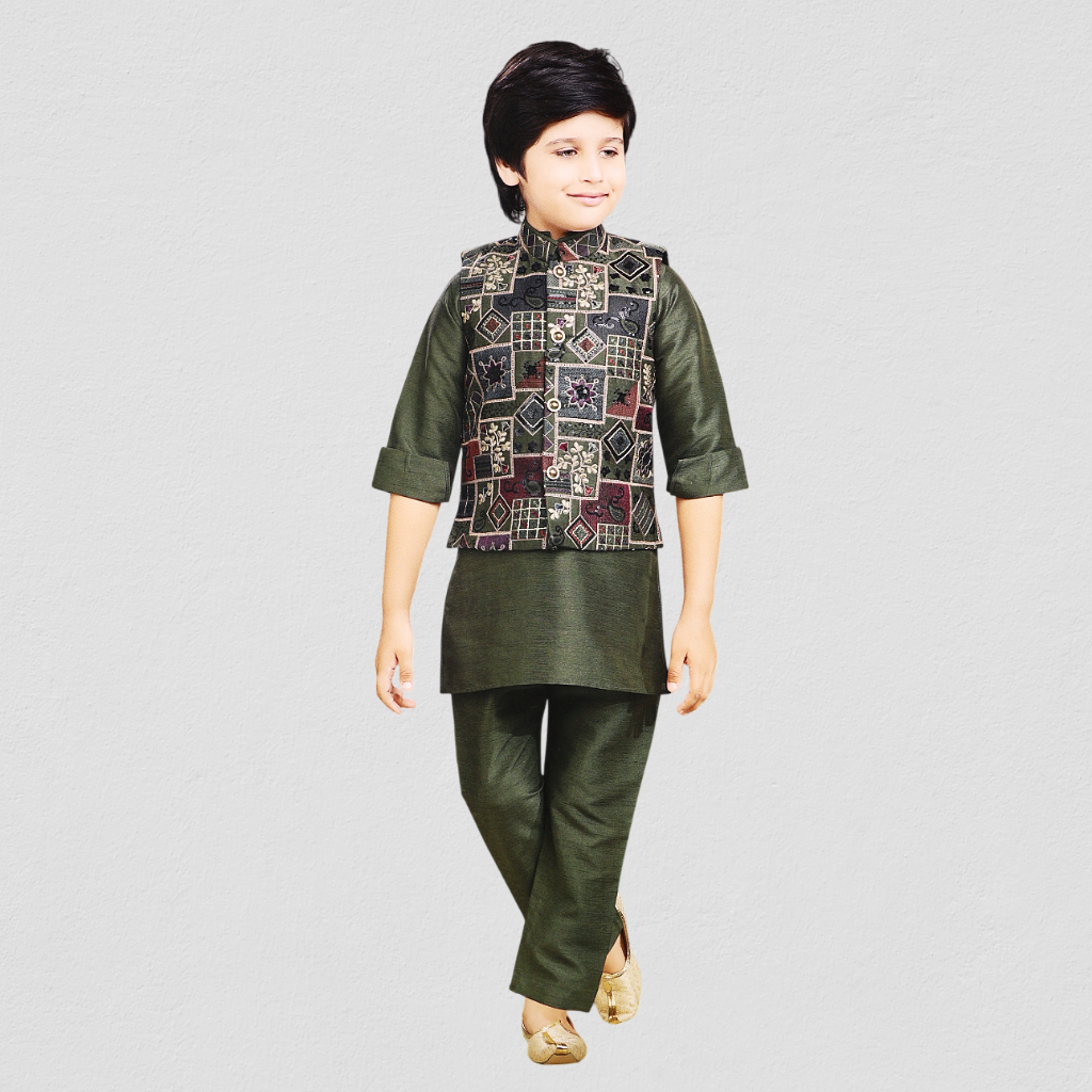 Boys Full Sleeves Solid Kurta Pyjama Set with Embroidered Printed Jacket - Olive
