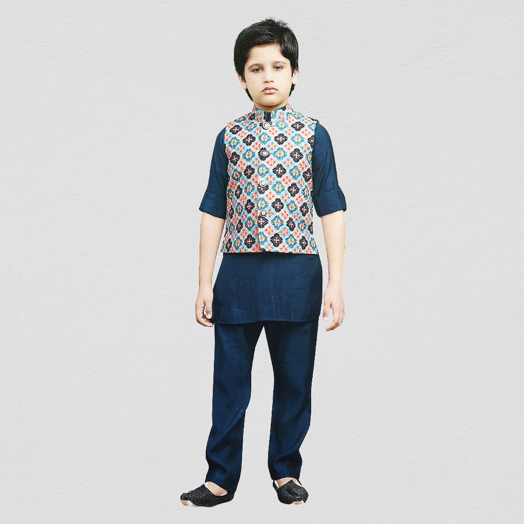 Aagam Full Sleeves Solid Kurta Pyjama Set with Printed Jacket - Navy Blue