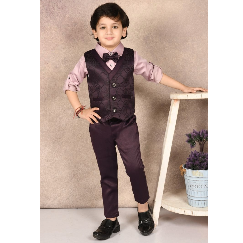 Nachos Full Sleeves Solid Colour 4 Piece Boys waist Coat Party Suit with Bow