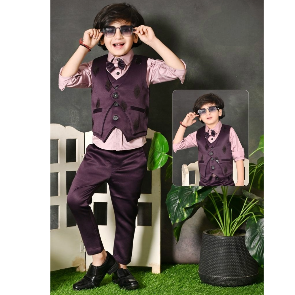 Nachos Full Sleeves Solid Colour 4 Piece Boys waist Coat Party Suit with Bow