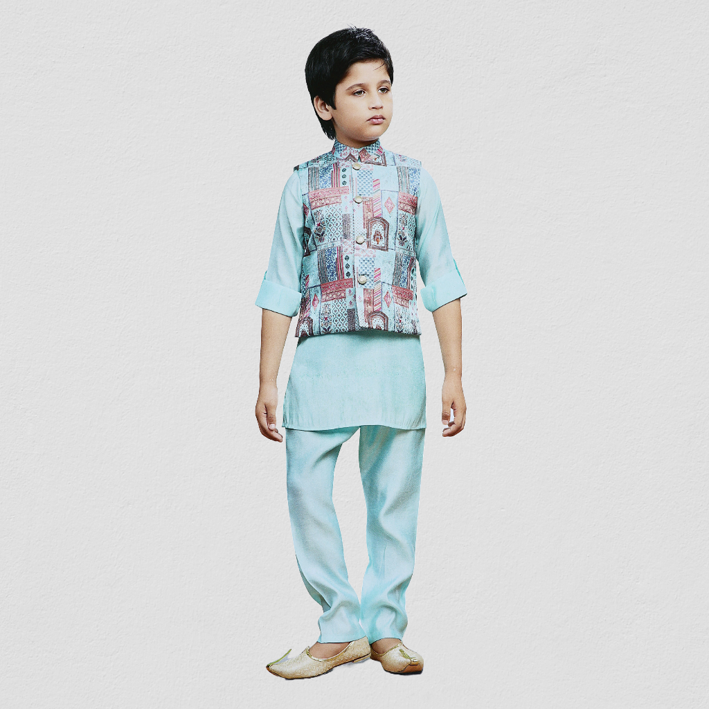 Infants Full Sleeves Solid Kurta Pyjama Set with Printed Jacket - Firozi