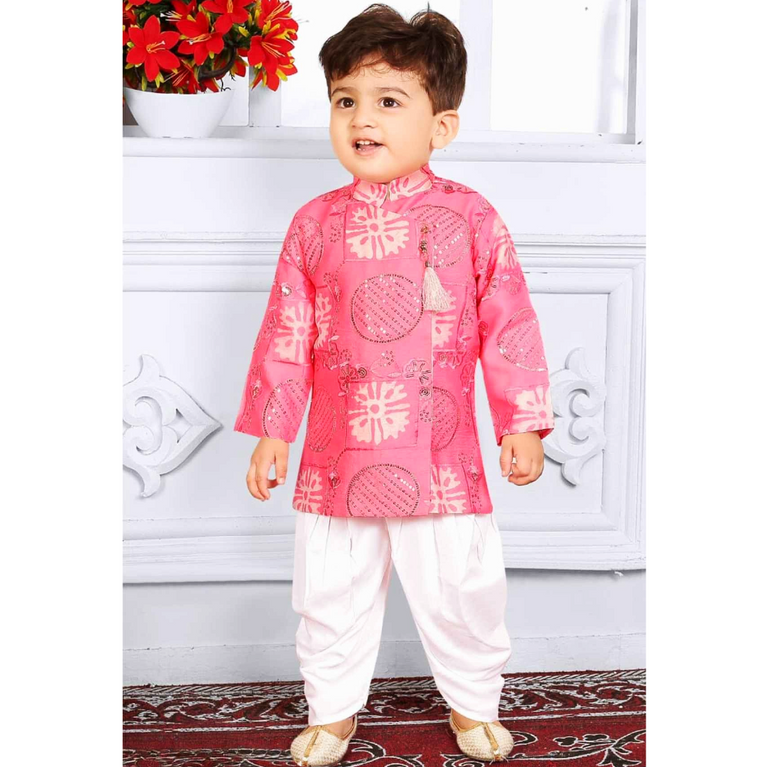 Pink Full Sleeves And Sequins Work With Printed Kurta Set For Boys