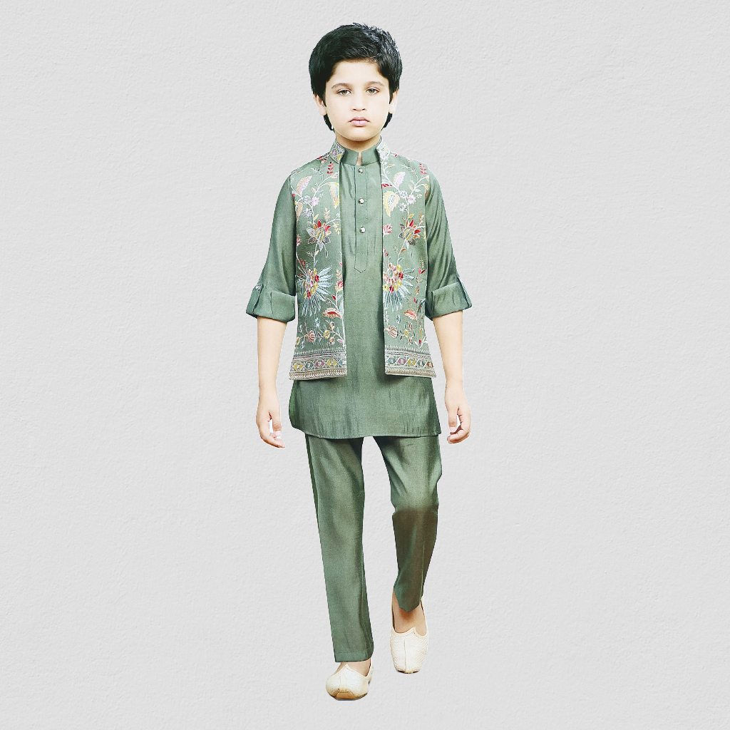 Infants Full Sleeves Ethnic Green Embroidered Bandi Kurta Set For Kids