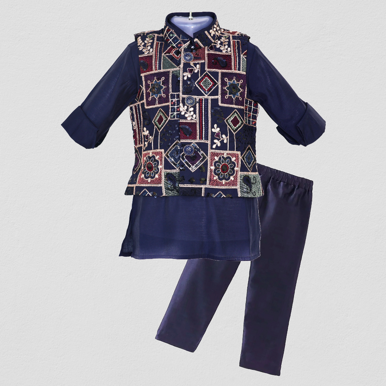 Aagam Full Sleeves Solid Kurta Pyjama Set with Embroidered Printed Jacket - Navy Blue