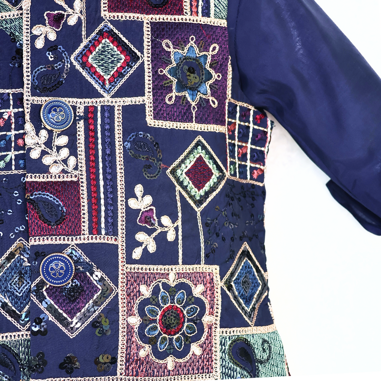 Aagam Full Sleeves Solid Kurta Pyjama Set with Embroidered Printed Jacket - Navy Blue