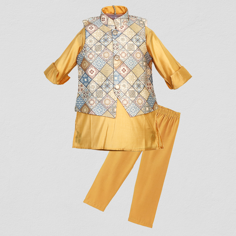 Aagam Full Sleeves Solid Kurta Pyjama Set with Printed Jacket - Mustard