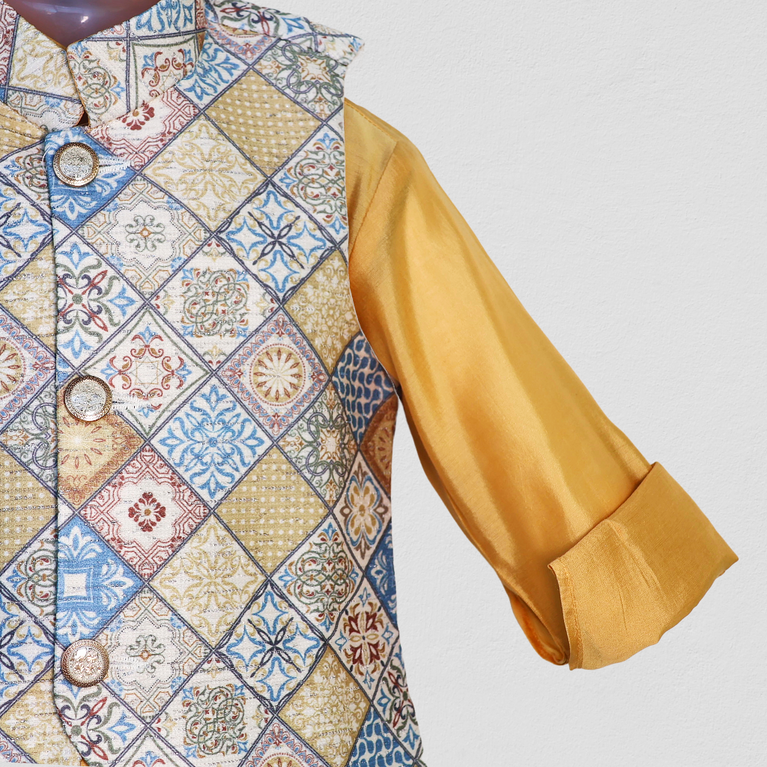 Aagam Full Sleeves Solid Kurta Pyjama Set with Printed Jacket - Mustard