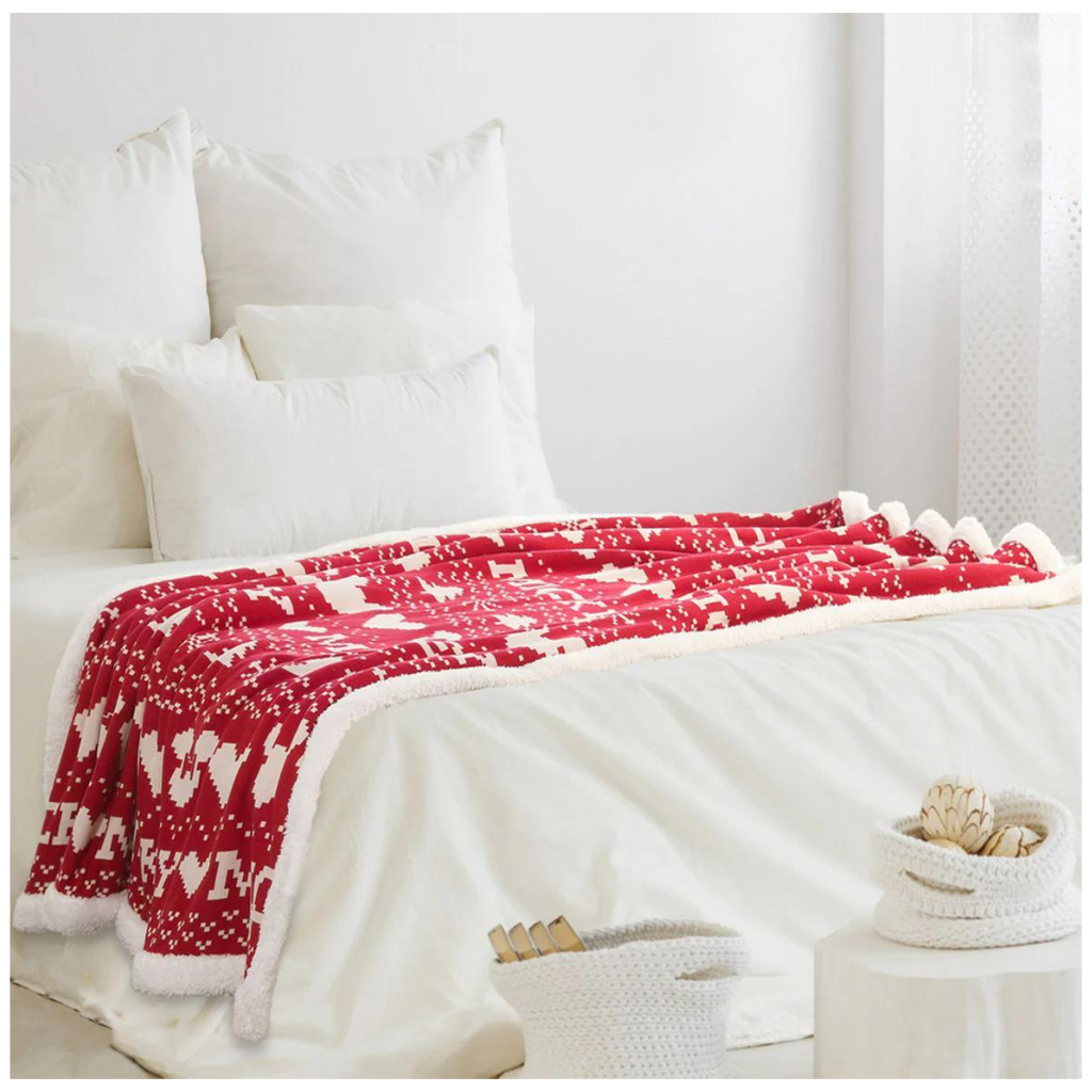 PLUCHI-AC BLANKET FAIRISLE CHRISTMAS Cotton Knitted Kids Single Bed Blanket with Warm Sherpa Fabric (4 to 14 Years)