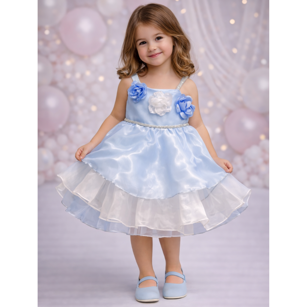 Toddler Girls’ Enchanted Blue Floral Party Dress – Layered Organza Princess Gown with Rosette Bodice and Sparkle Trim