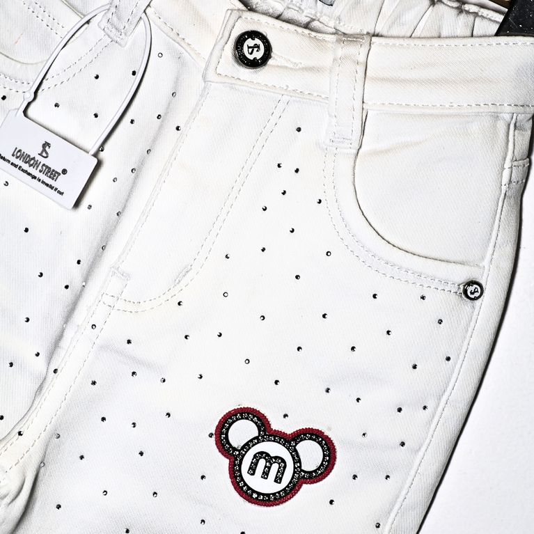 London Street Trendy White Polka Dot Woven Full Length washed Denim Jeans - White