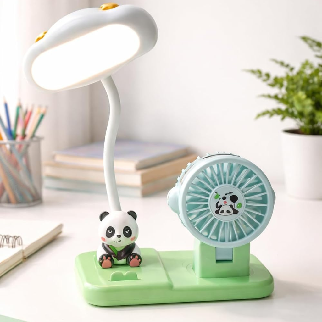 Ninos Worlds 2-in-1 Kids Study Table Lamp with Mini Fan – Cute Panda LED Desk Light