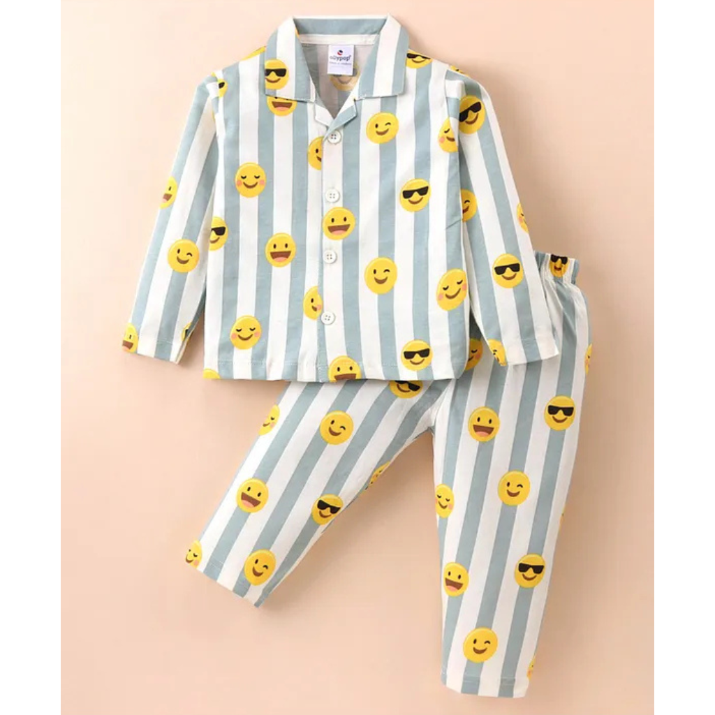 Ollypop Sinker Knit Full Sleeves Front Open Smiley Printed Night Suit - Light Blue