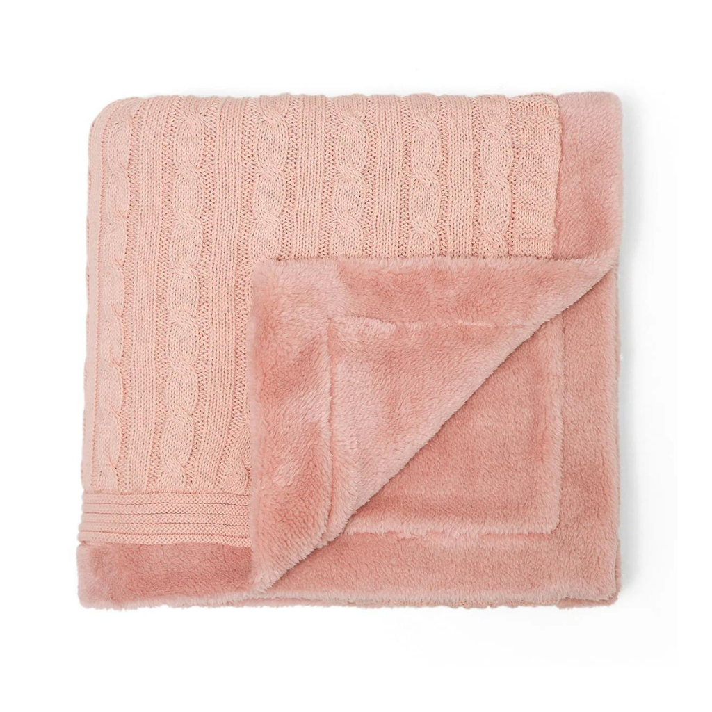 PLUCHI-BABY BLANKET Baby Pink Cotton Knitted Blanket With Faux Fur Back For Babies