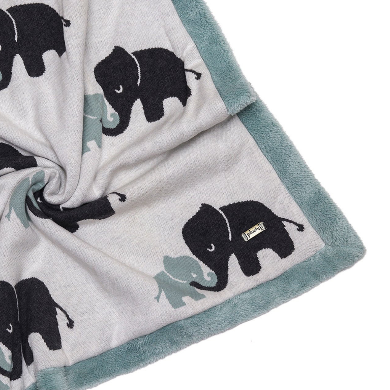 PLUCHI-BABY BLANKET INDIAN ELEPHANT Cotton Knitted Blanket with Faux Fur Back for Babies