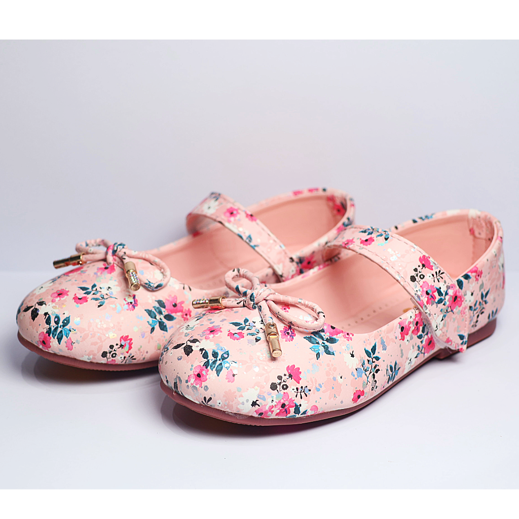 Cute Walk by Ninos Floral Print Ballerina With Velcro Closure & Bow Applique