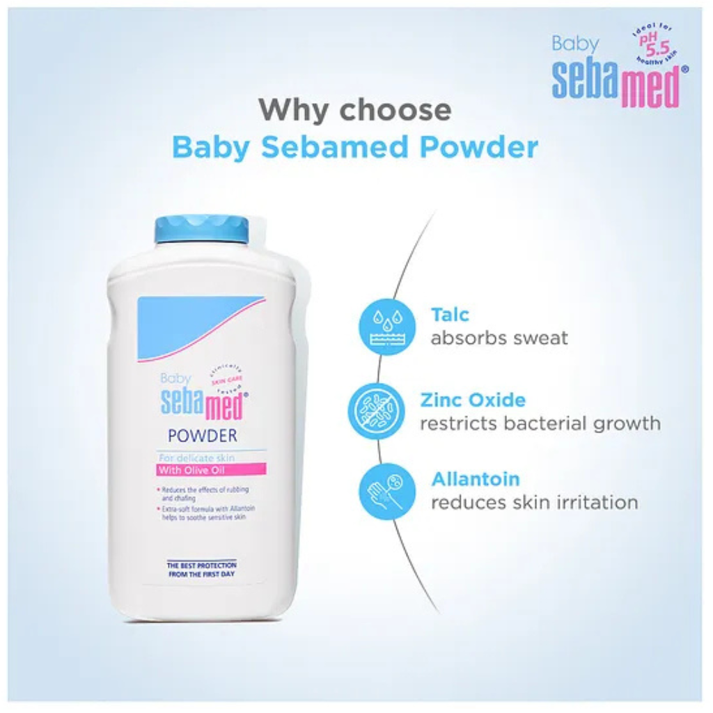 Sebamed Baby Powder| Olive Oil, Allantoin |Keeps newborn's skin fresh |absorbs sweat - 200 gm