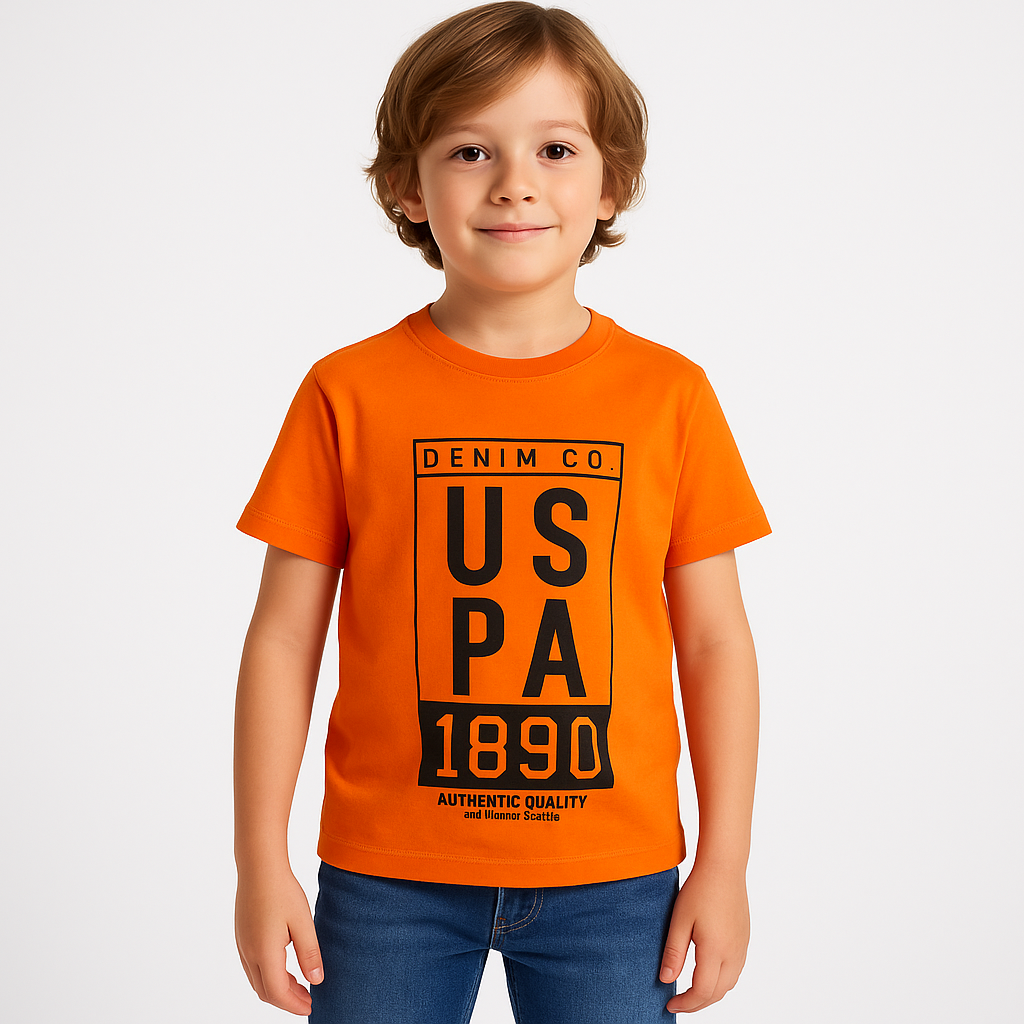 U.S POLO Kids Cotton Knit Half Sleeves Crew Neck T-Shirt with USPA Text Print , 2-11 years